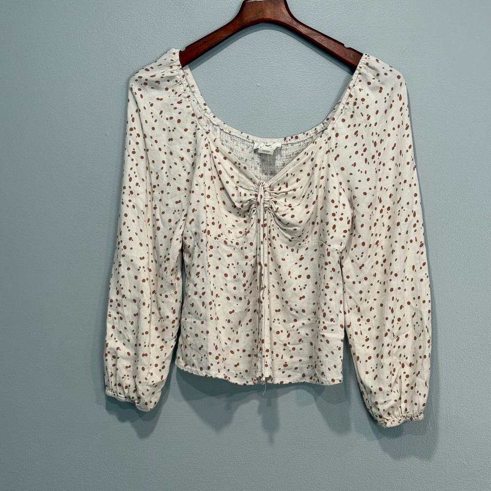 Urban Romantics Brown Polka Dot Smocked Back Long Sleeve Blouse Large